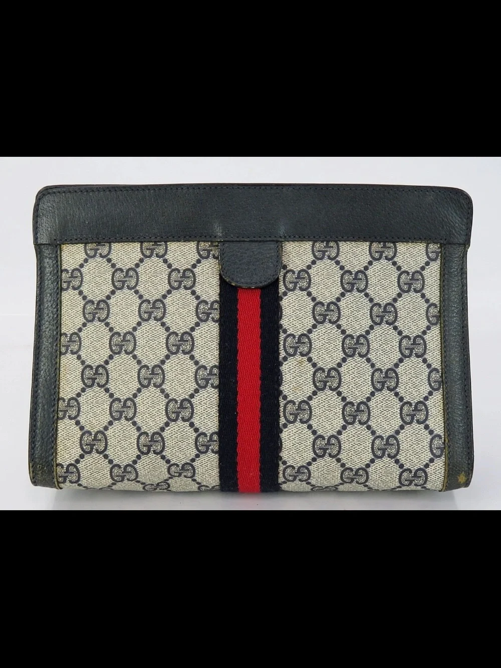 Gucci Beige GG Canvas Clutch with Black Trim and Red/Navy Web Stripe